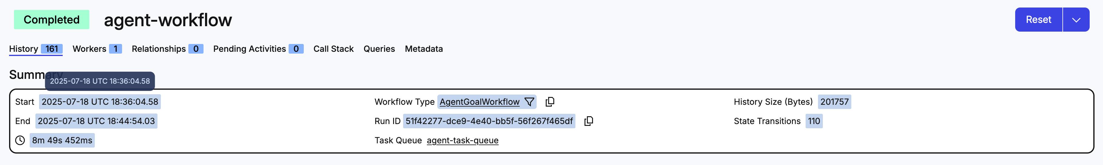 Screenshot of the summary section of the Temporal Web UI for the most recent Workflow Execution